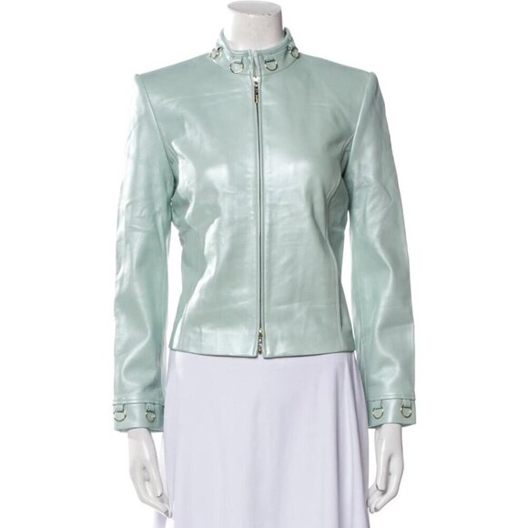 St. John Sport By Marie  Aqua Leather Zip Gold Ring Trim Zip Up Jacket Women's S - Picture 1 of 10